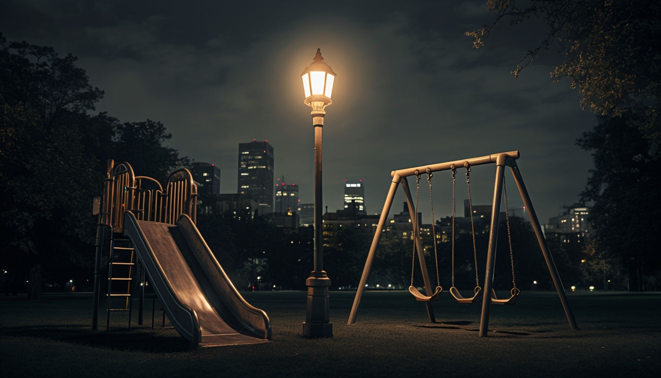 Serene Urban Night Park Scene with Playground Equipment Virtual Backgrounds