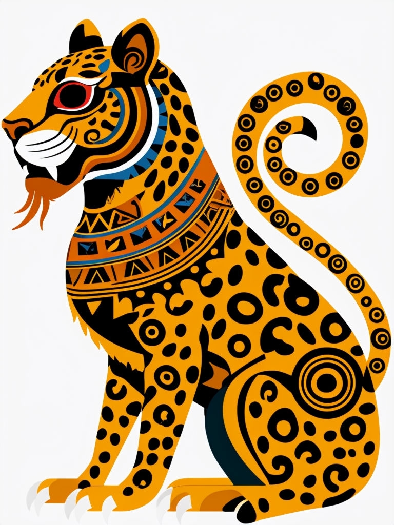 Vibrant Aztec Jaguar Illustration on White Background Art