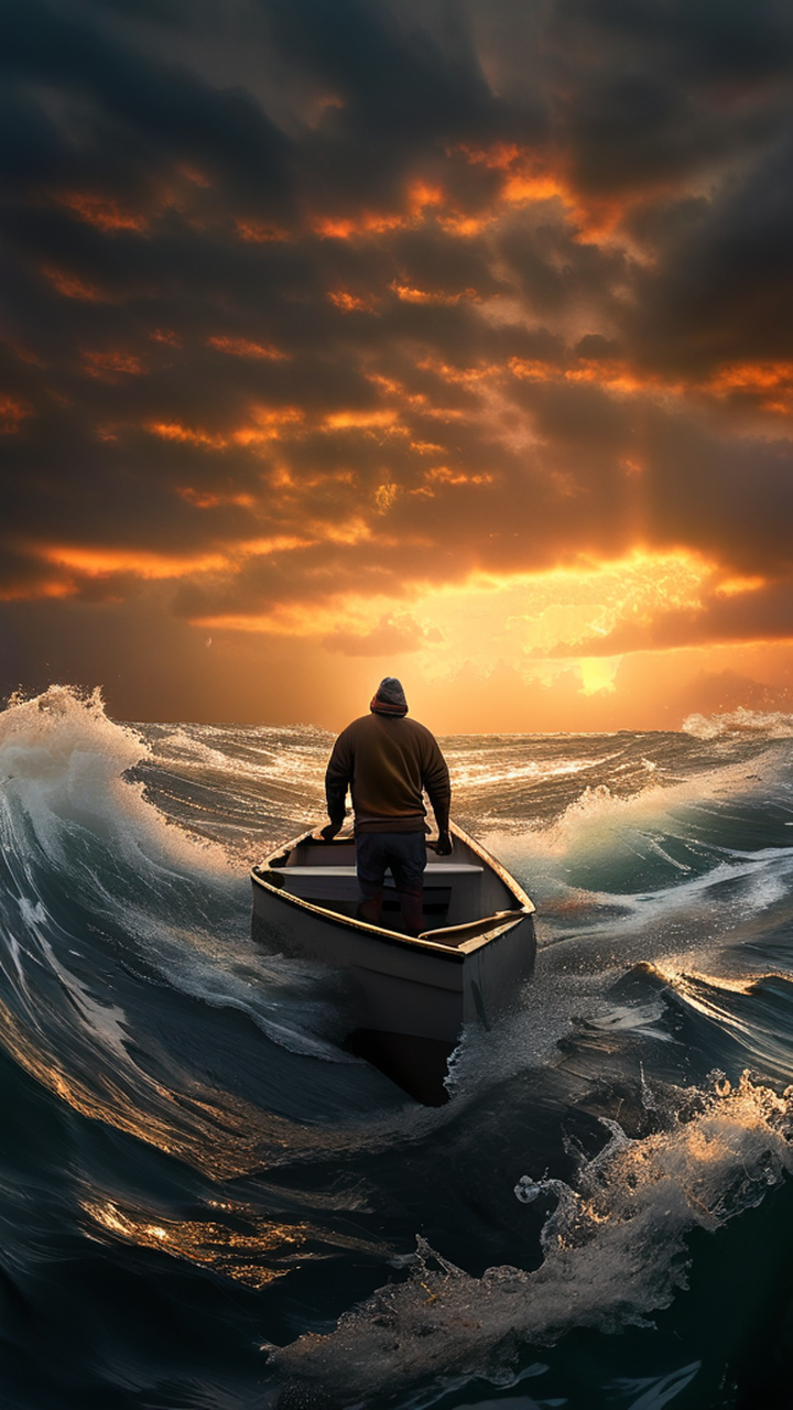 A fisherman skillfully navigating the undulating ocean waves by rex 