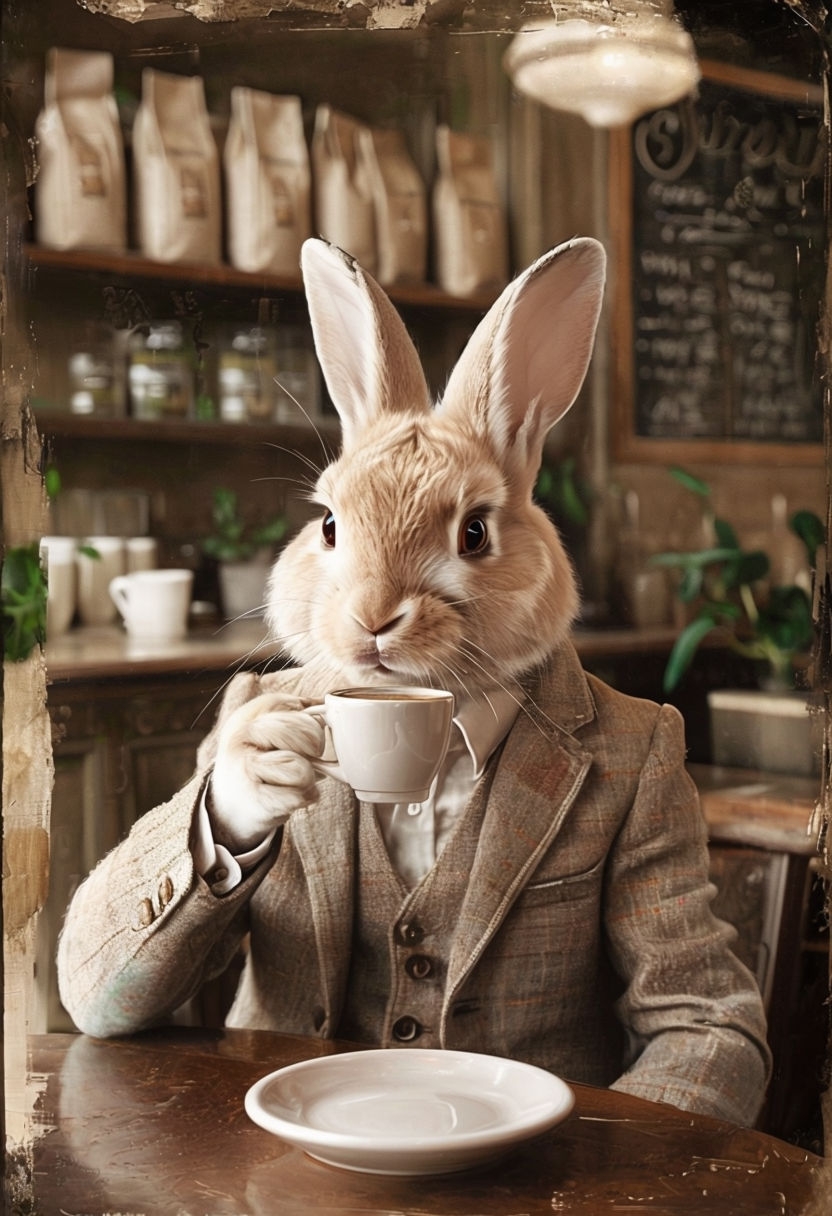 Sophisticated Rabbit in Tweed Suit Coffee Shop Art