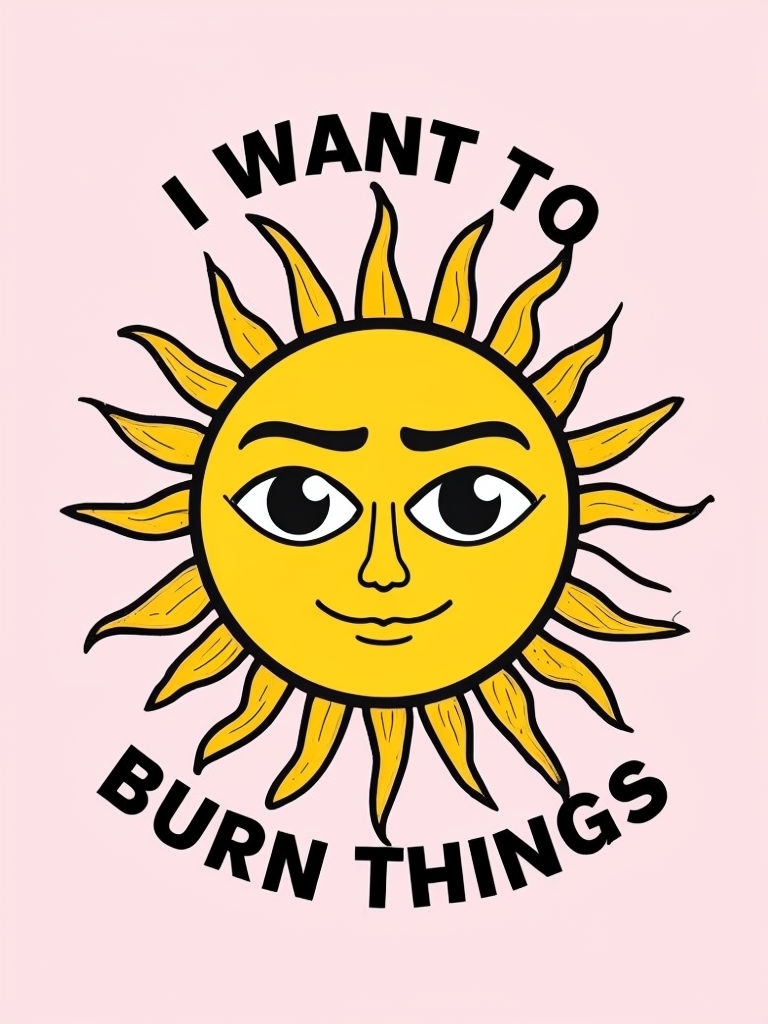 Whimsical Sun Face with 'I Want To Burn Things' T-Shirt