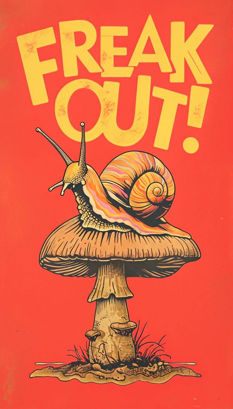 Psychedelic Golden Snail Art with FREAK OUT Text Poster