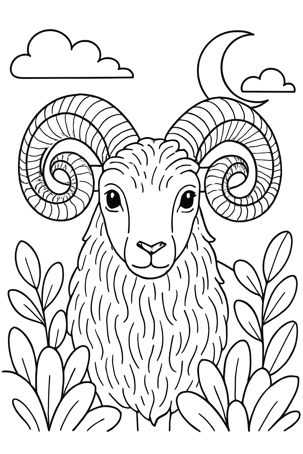 Serene Black and White Ram Illustration for Coloring Book Pages