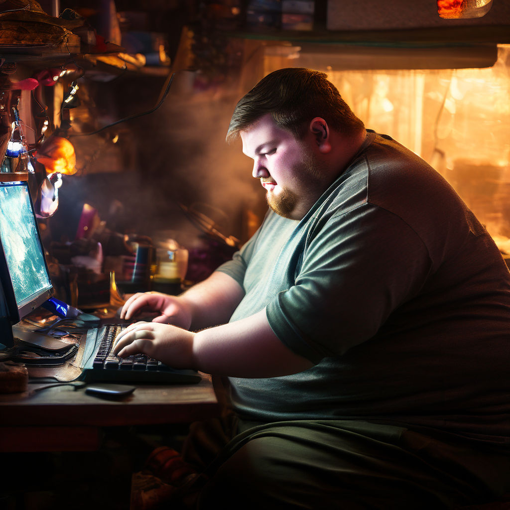 a fat man playing in his gaming computer