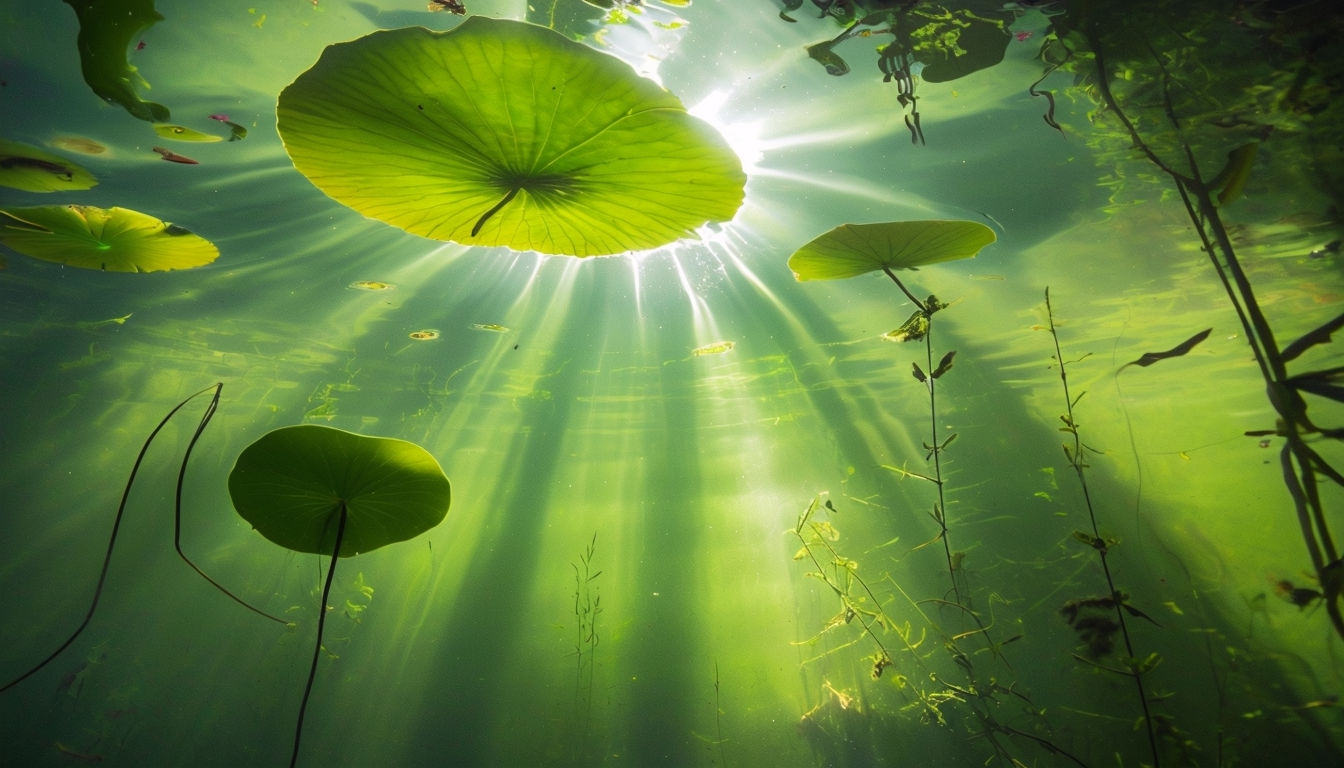 Tranquil Underwater Pond Scene with Lily Pads Virtual Background