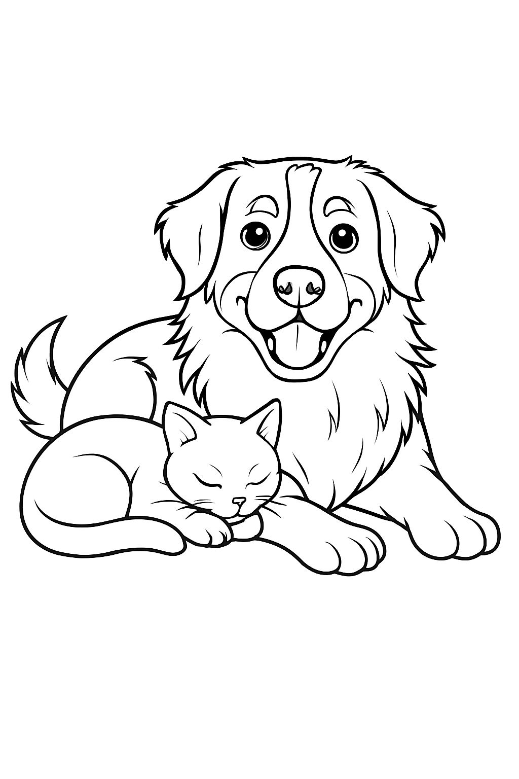 Cheerful Dog and Peaceful Cat Companion Coloring Book Page