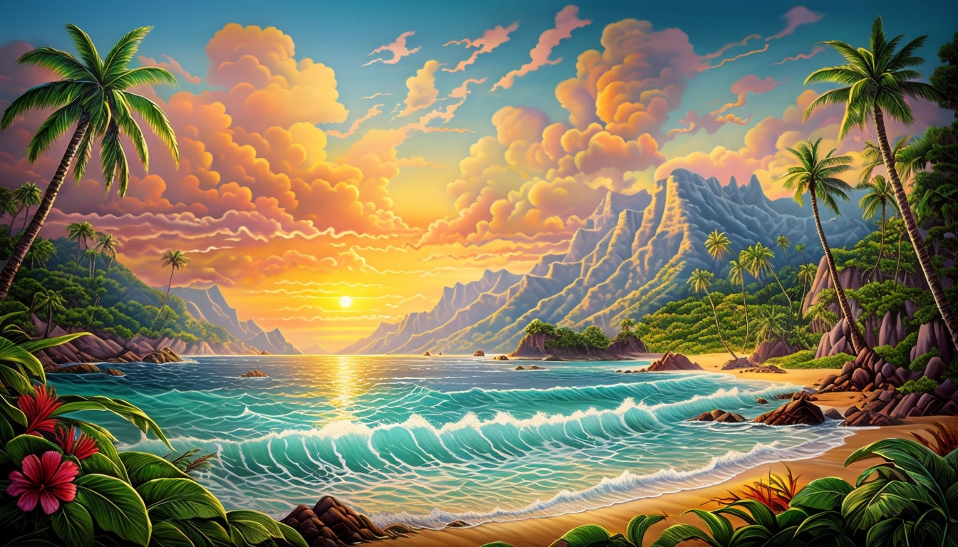 Tranquil Tropical Hawaiian Beach Sunset Painting