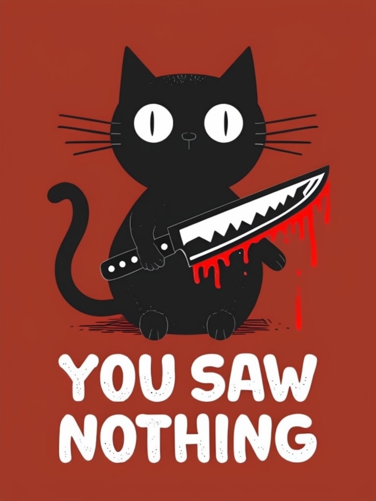 Eerie Cartoon Black Cat Holding Knife with 'You Saw Nothing' T-Shirt