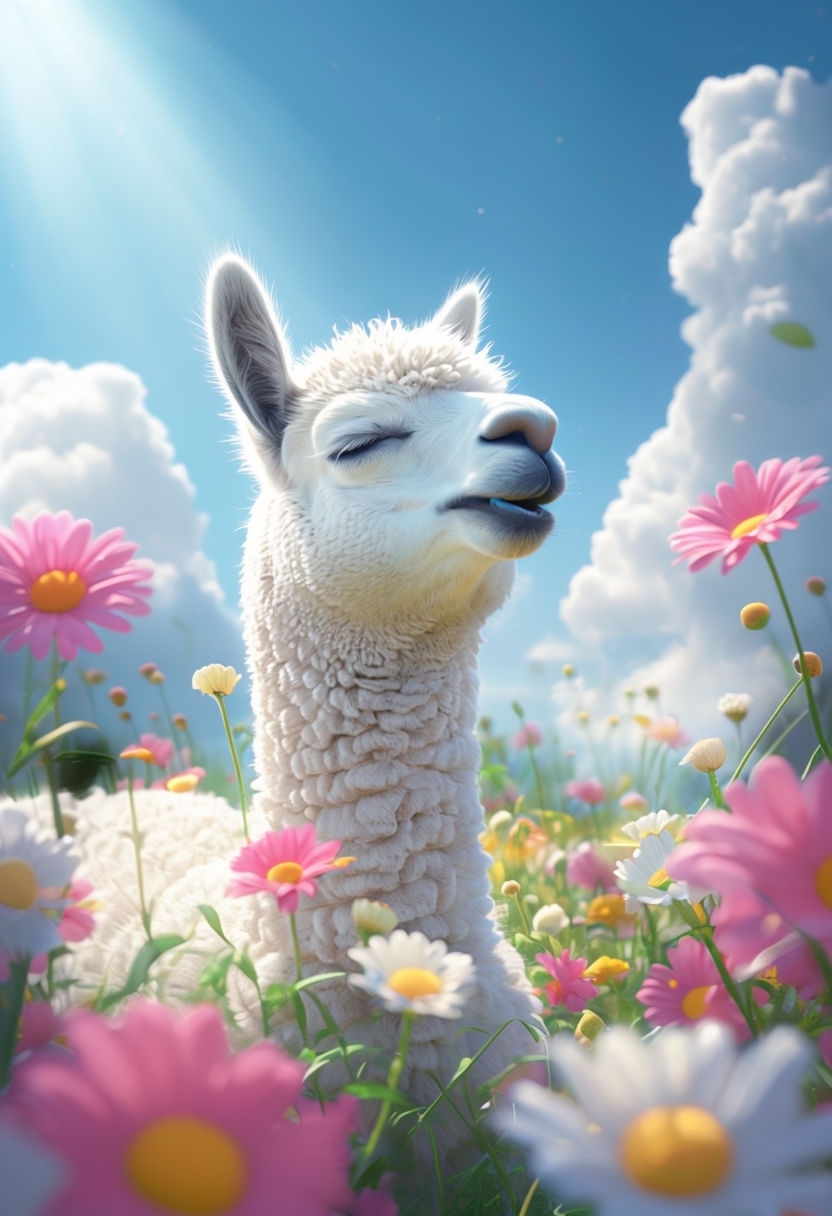 Serene White Alpaca Surrounded by Colorful Flowers Art