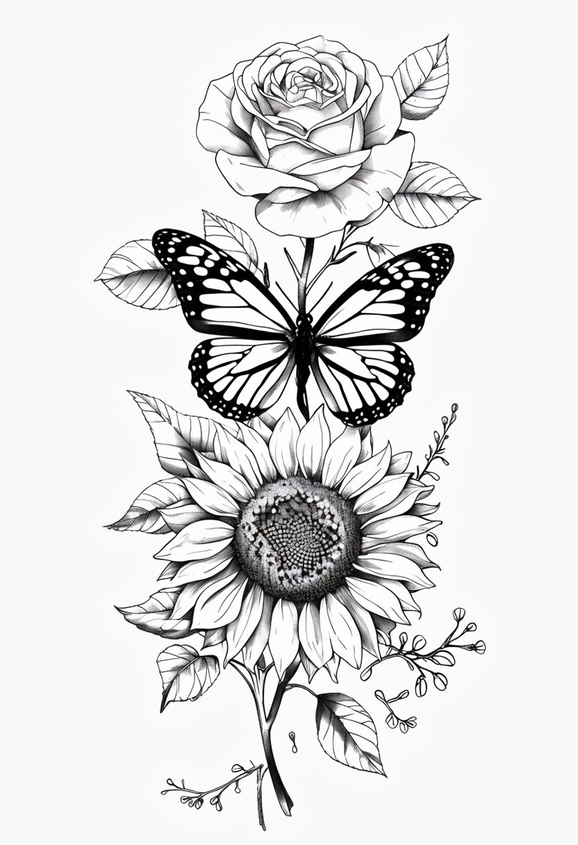 Elegant Black and White Botanical Tattoo Design Illustration Art