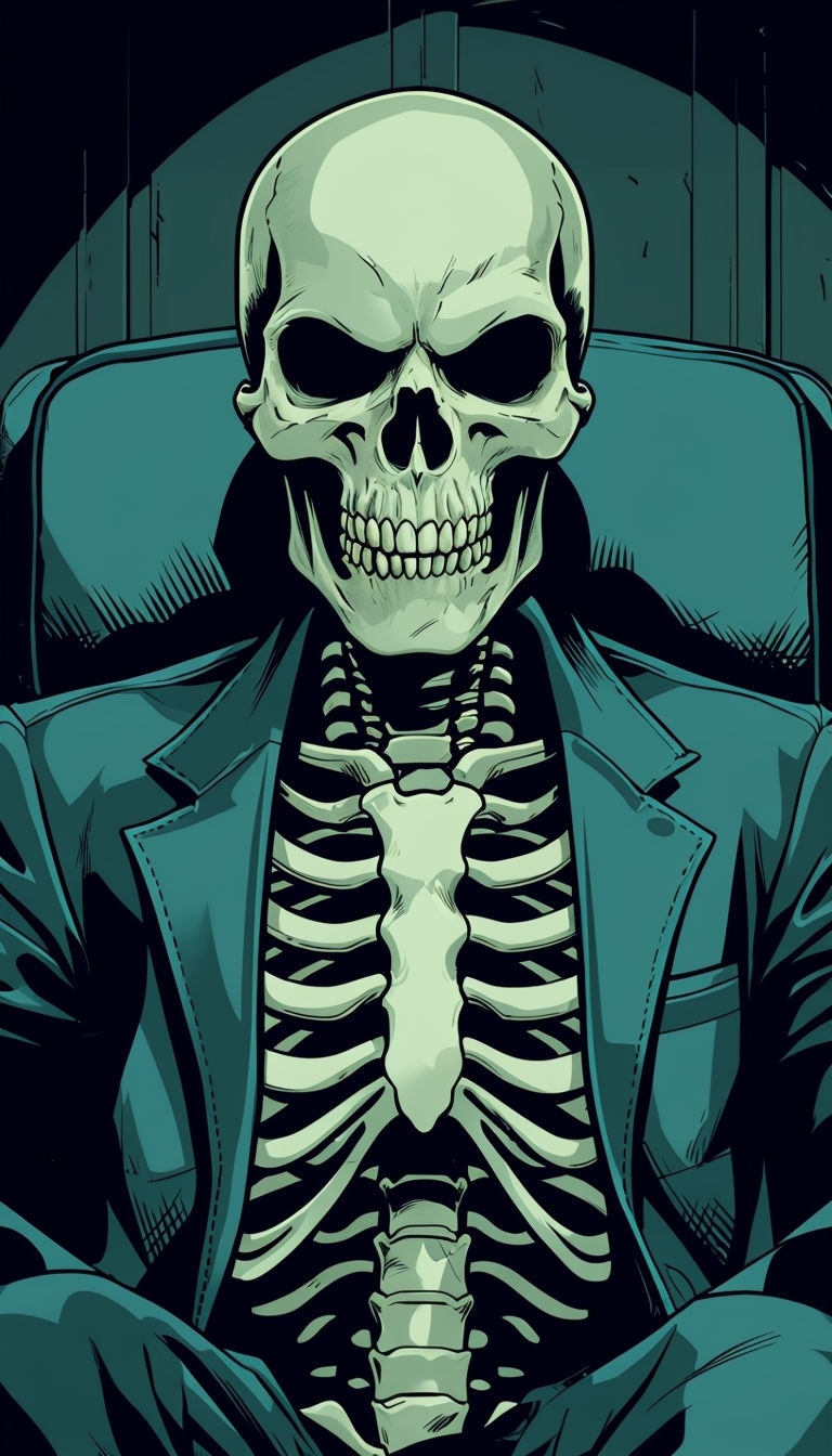 Menacing Skeletal Figure in Dark Teal Suit Illustration Mobile Wallpaper