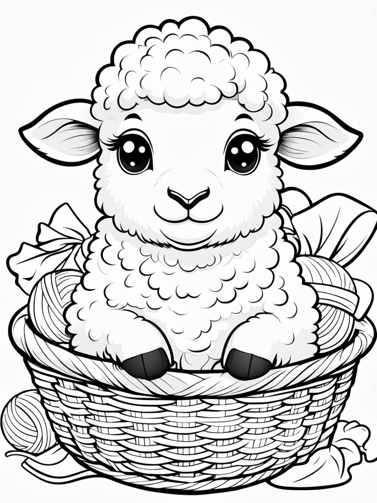 Adorable Fluffy Sheep in Basket Coloring Page Design