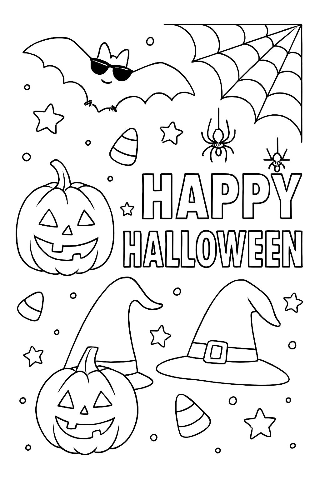 Fun Halloween-Themed Coloring Page with Bats and Pumpkins Design