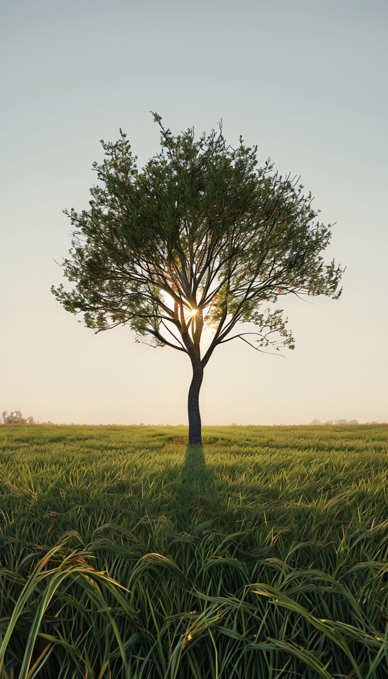 Golden Hour Tree in Green Field Ultra-Realistic Mobile Wallpaper