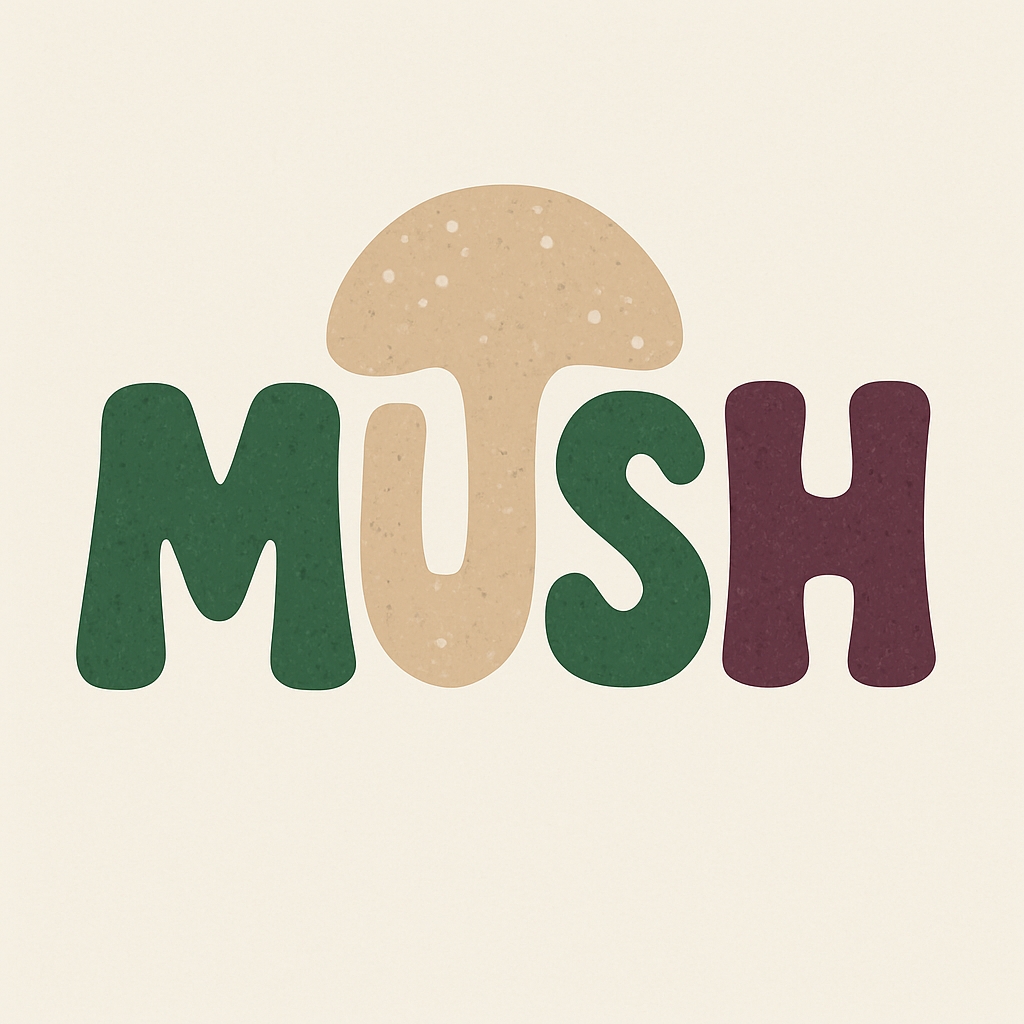 Playful MUSH Typography with Mushroom Illustration Logo