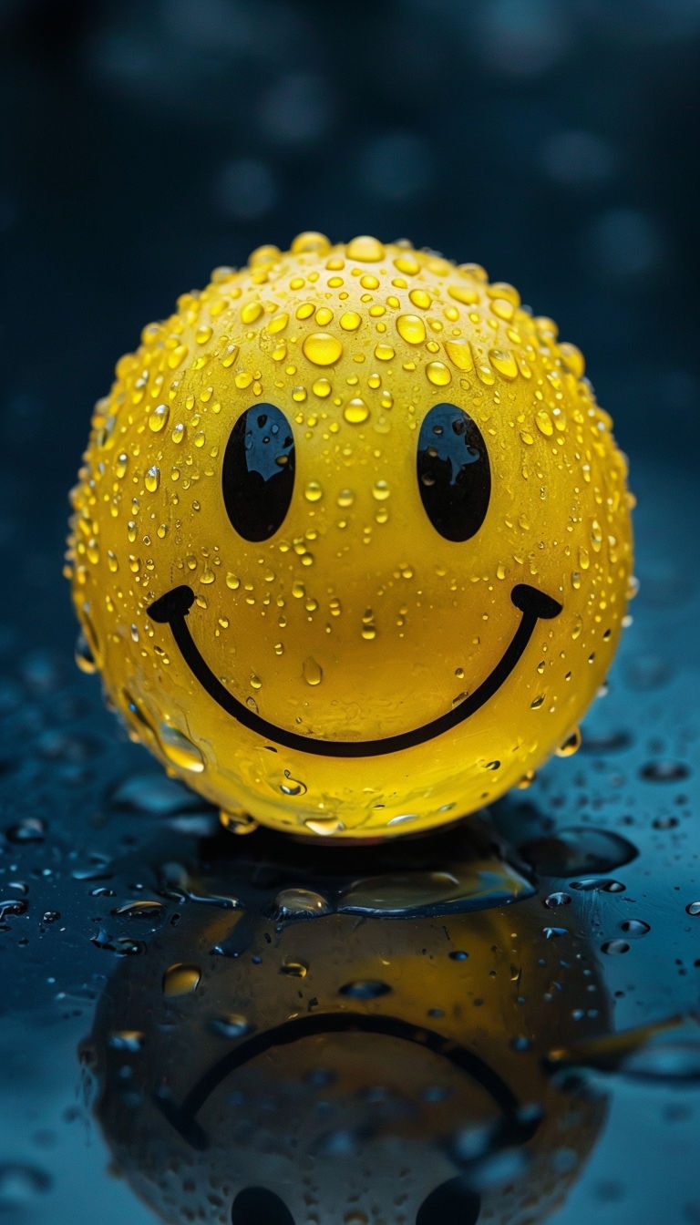 Glossy Yellow Smiley Face Ball with Water Droplets Mobile Wallpaper