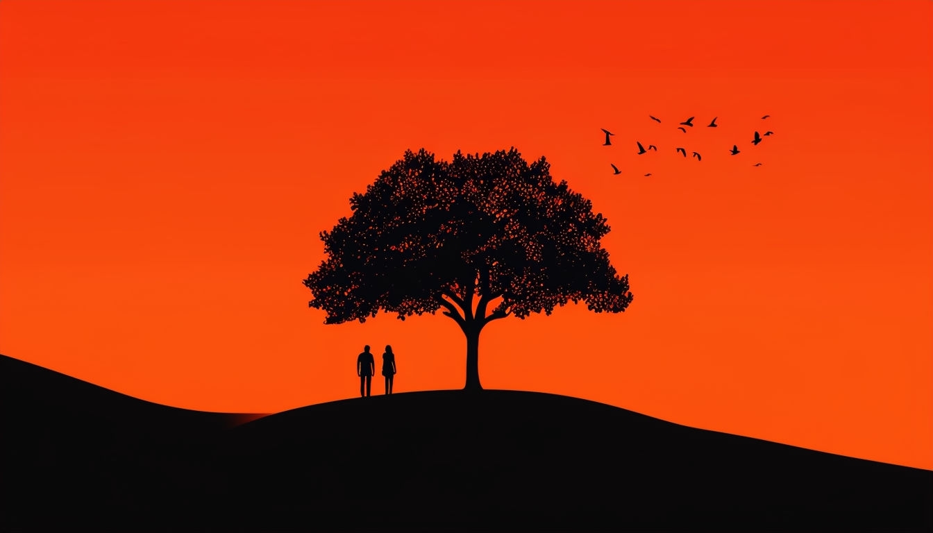 Serene Minimalist Sunset Landscape with Silhouetted Figures Background