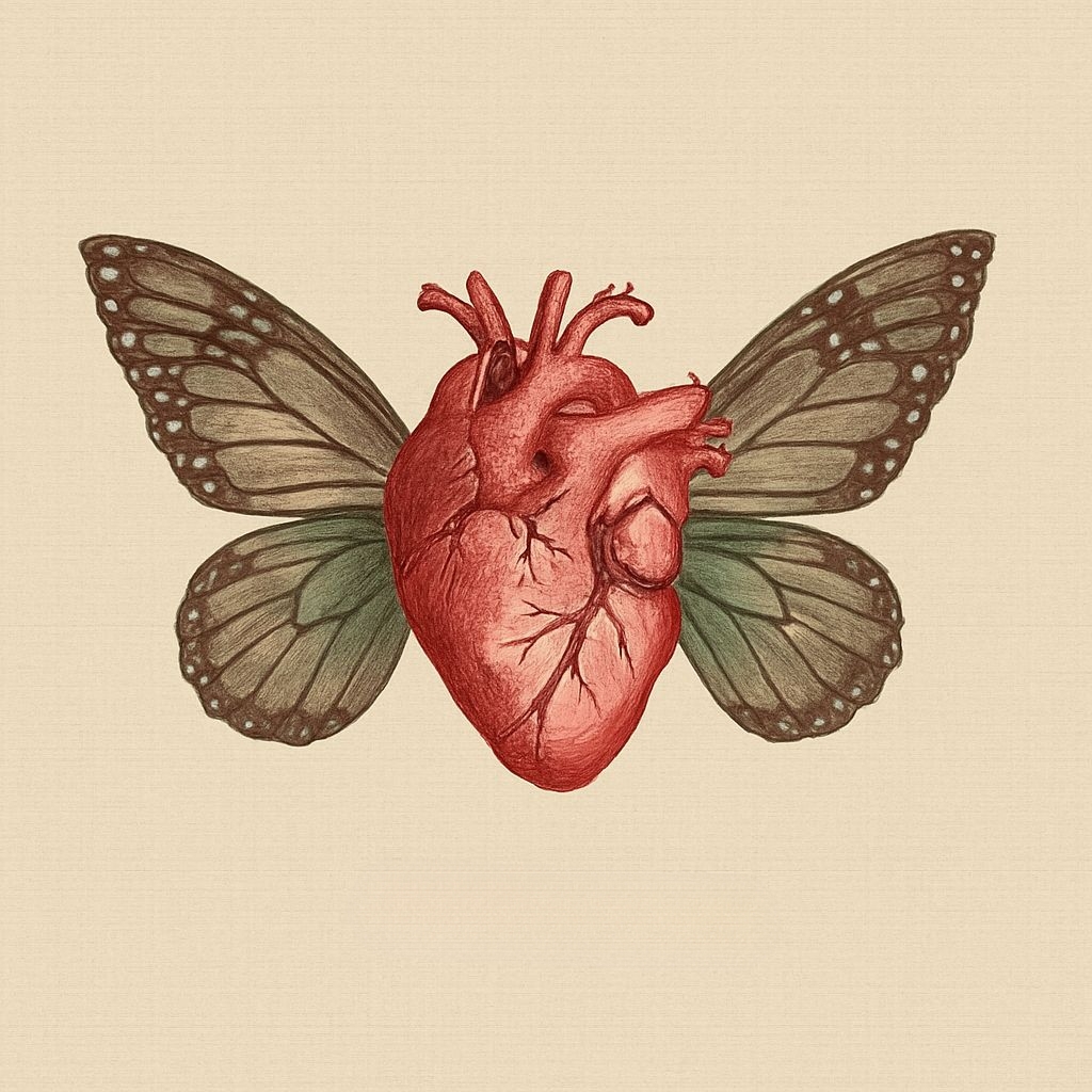 Surreal Human Heart with Butterfly Wings Detailed Illustration Sticker