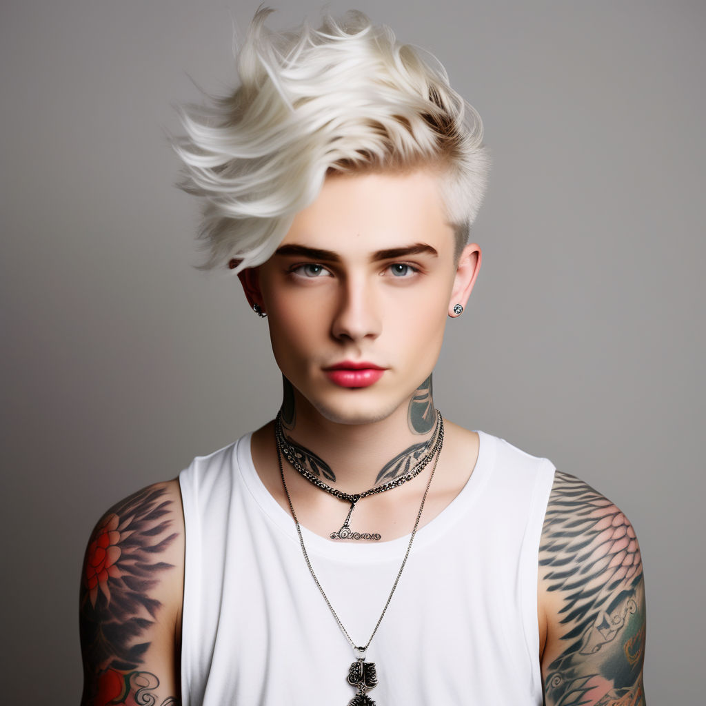 white tattooed skin，beautiful，long hyper realistic hair，hyper details