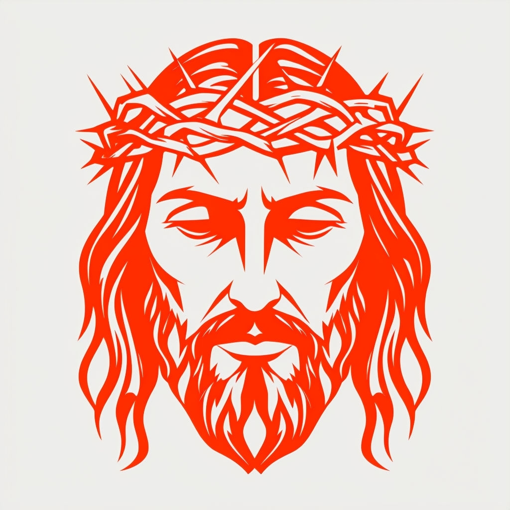 Vivid Orange-Red Jesus Face Illustration with Crown of Thorns Sticker
