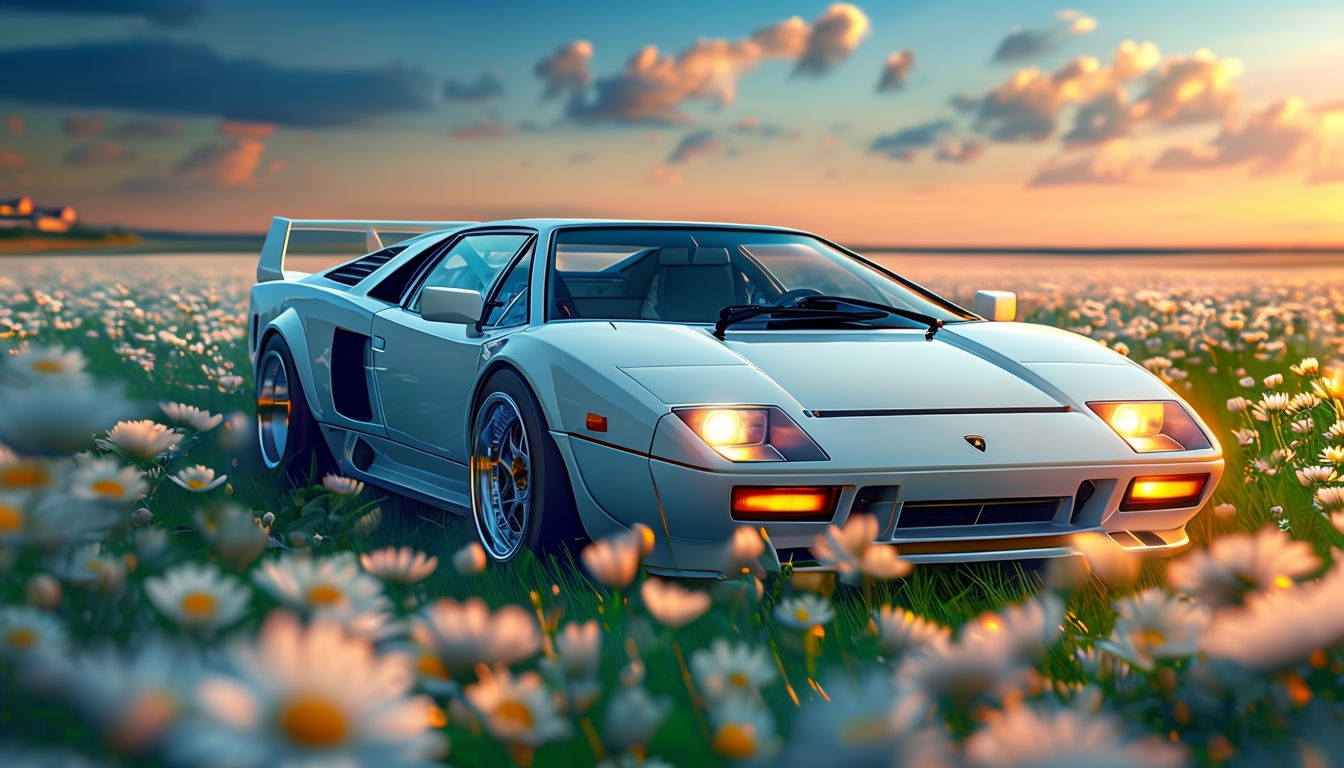 Sleek White Lamborghini in Daisies Under Golden Sunset Virtual Backgrounds