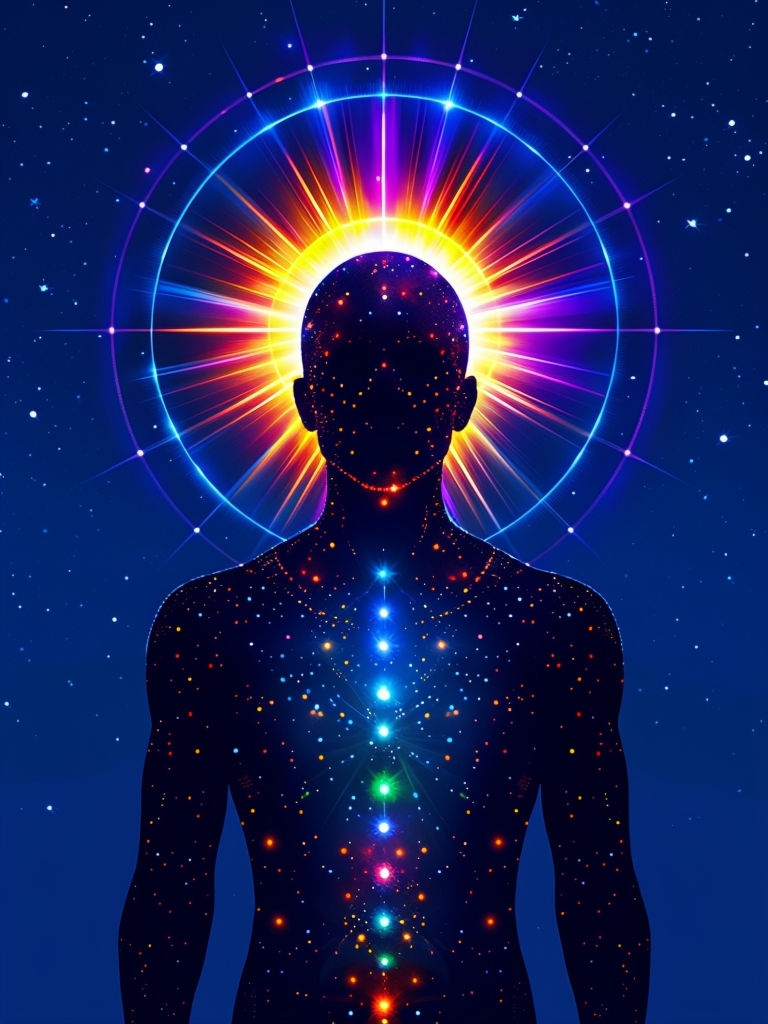 Colorful Cosmic Silhouette with Radiant Halo Art