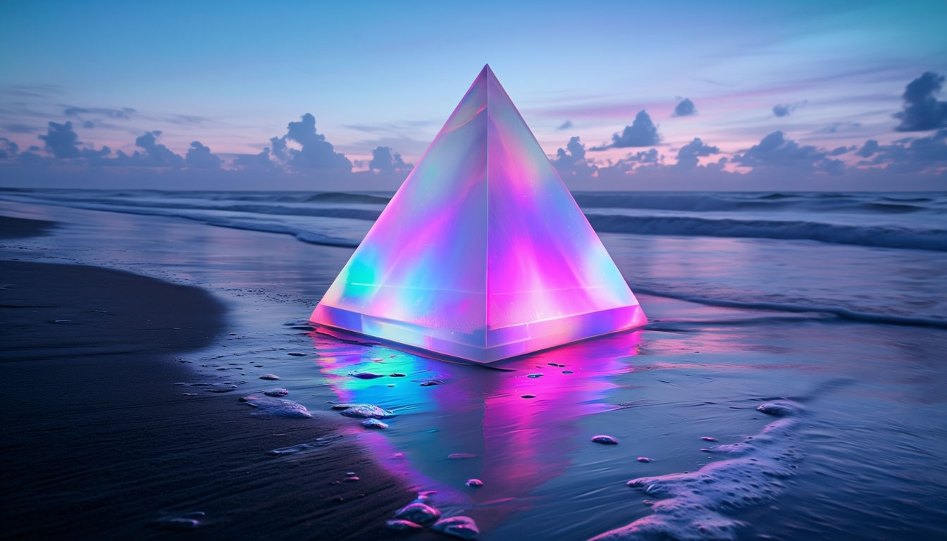 Mesmerizing Neon Pentagonal Prism on Dusk Beach Virtual Backgrounds