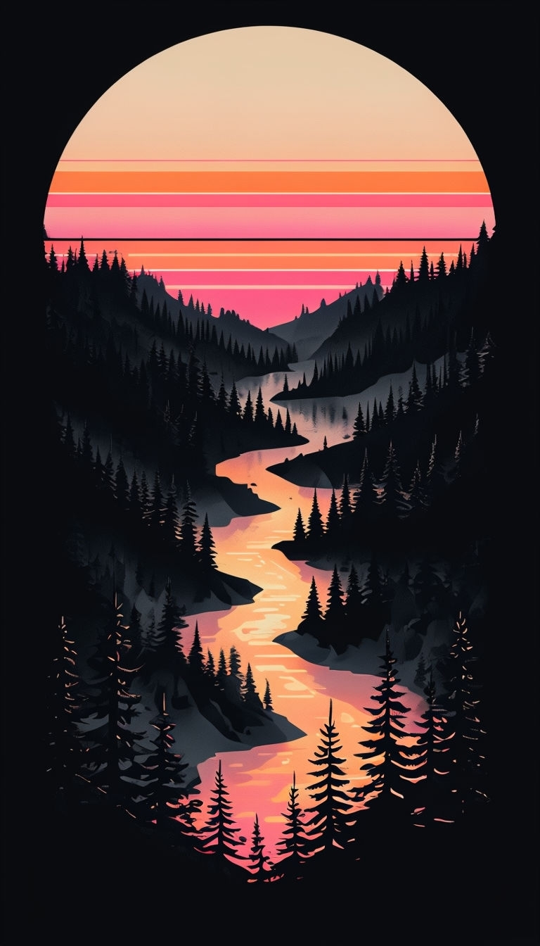 Serene Sunset Landscape with Pine Trees Digital Illustration Mobile Wallpaper