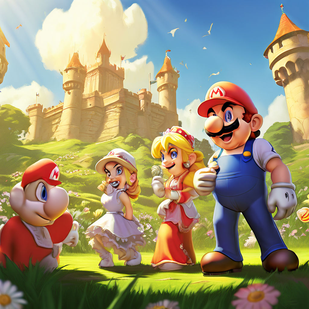 Super Mario Bros standing alongside Princess Peach during their vibrant  nuptials