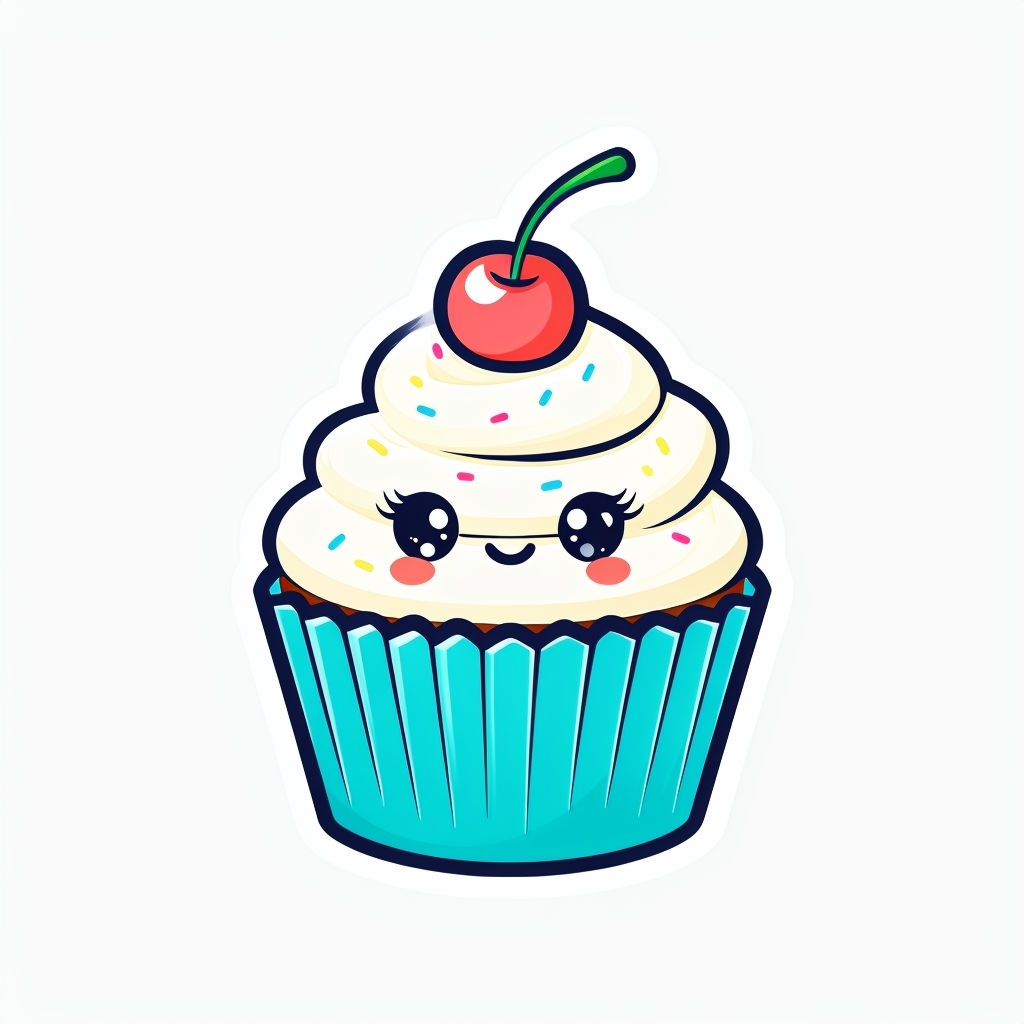 Joyful Kawaii Cupcake Illustration with Colorful Sprinkles Sticker