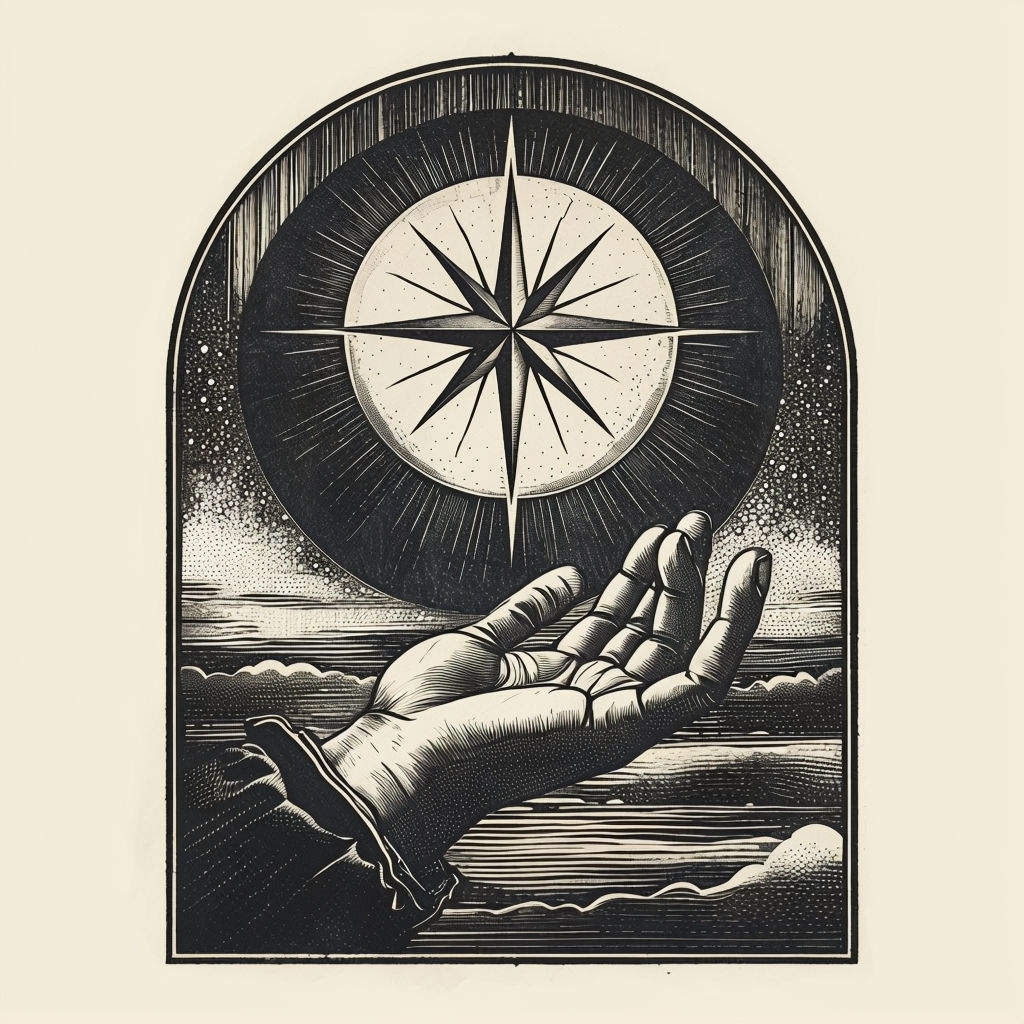 Detailed Black and White Engraving of Hand and Star Poster