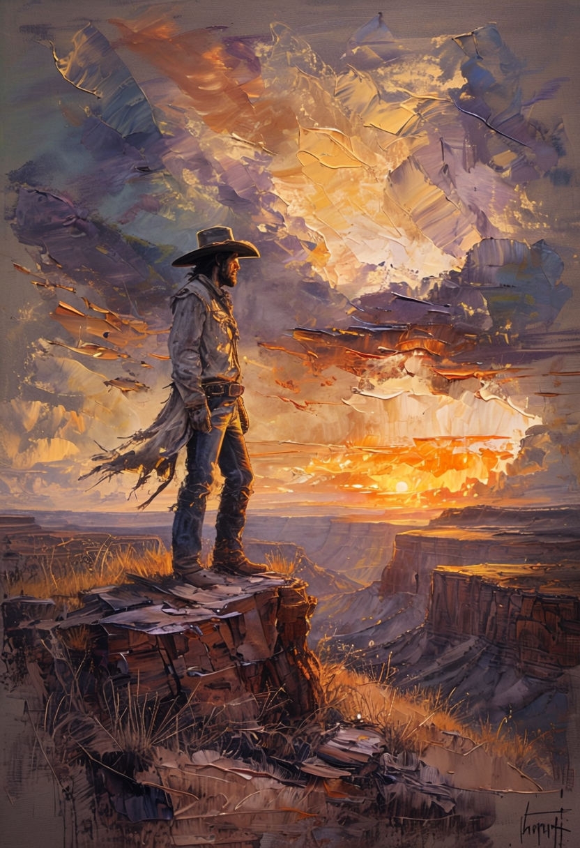 Cinematic Cowboy at Sunset with Dramatic Sky Painting Art