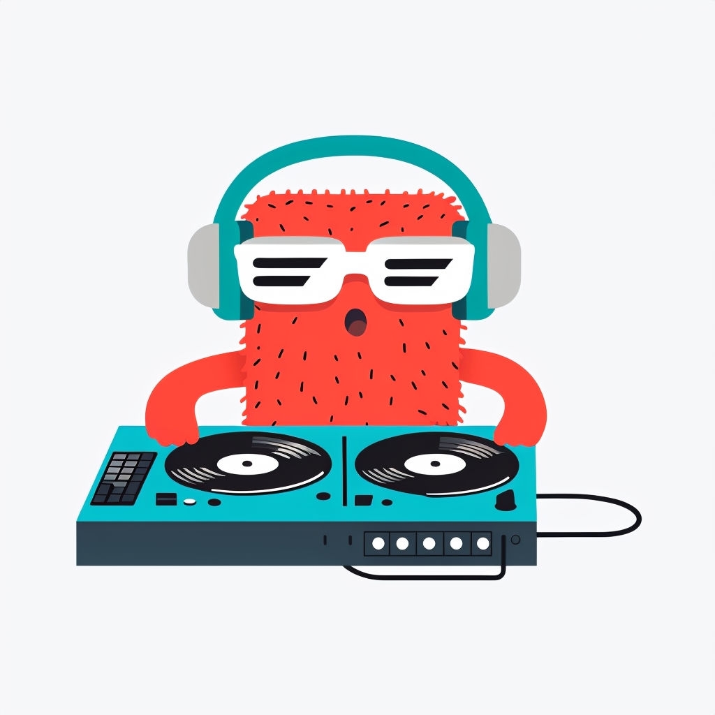 Playful Coral-Red Cartoon DJ Character Sticker