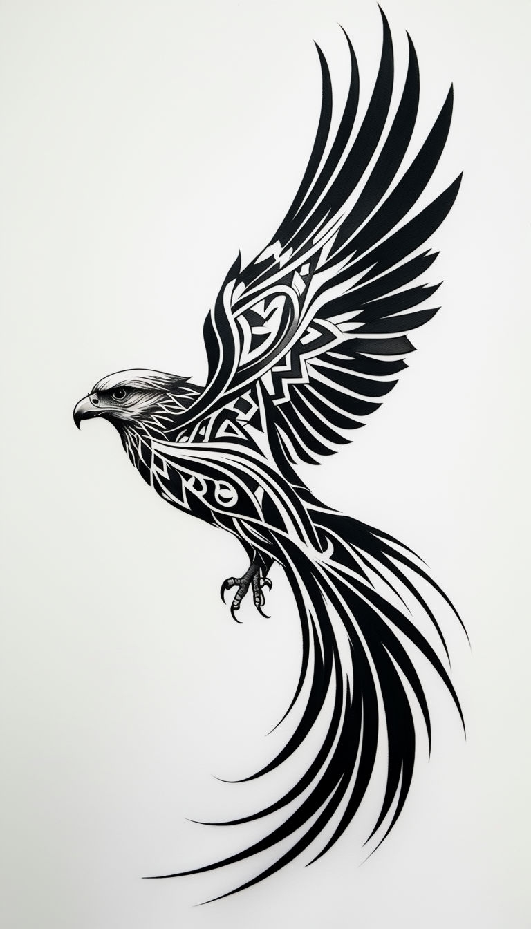 Intricate Black Ink Eagle Tattoo Design on White Background Art