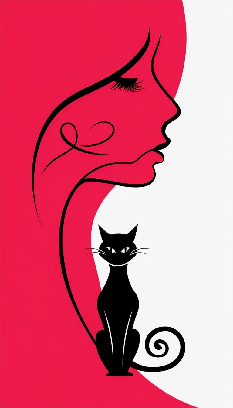 Elegant Minimalist Female Profile and Cat Silhouette Art