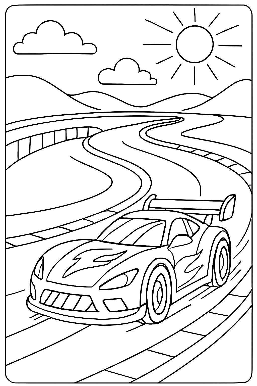 Dynamic Sports Car Racing Scene Coloring Page Illustration