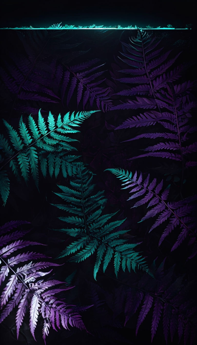 Illuminated Fern Leaves in Purple and Teal Light Mobile Wallpaper