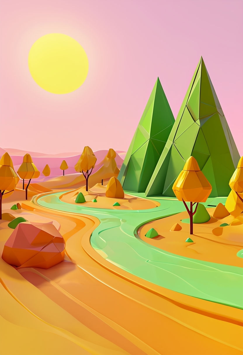 Vibrant Cartoonish Geometric Landscape 3D Rendering Art