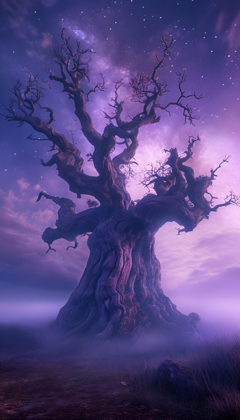 Majestic Old Oak Tree Under Starry Twilight Sky Mobile Wallpaper