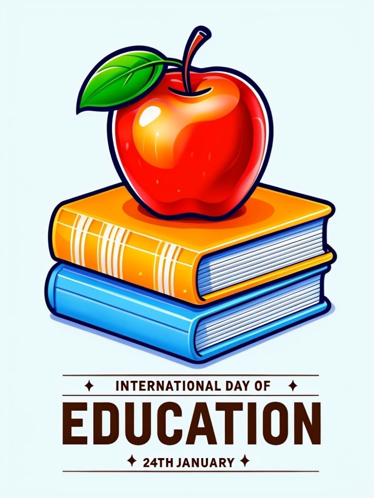 Vibrant Education Celebration Illustration with Books and Apple Social Media Post