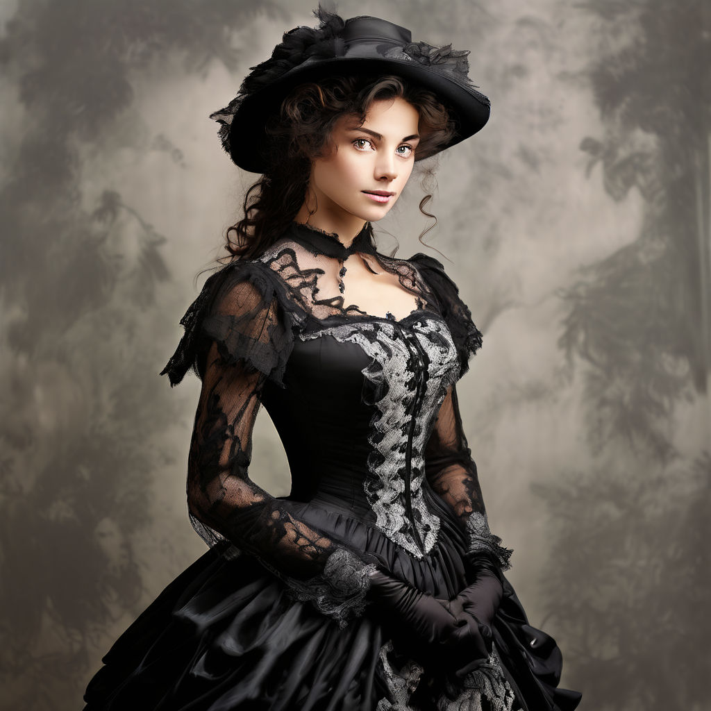 Victorian woman black and white lace dress full figure ligh... by ...