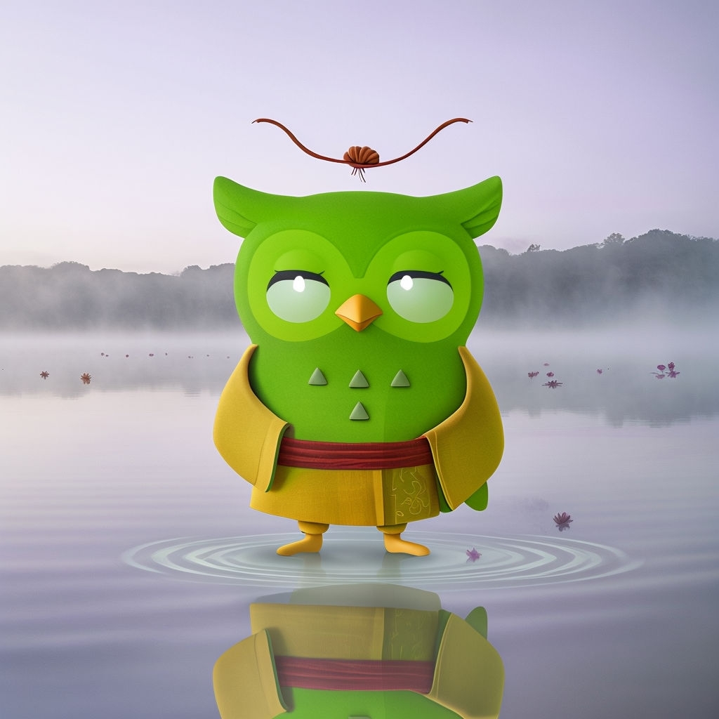 Serene Cartoon Owl Duo as Shaolin Sage in Tranquil Lake Scene Memes