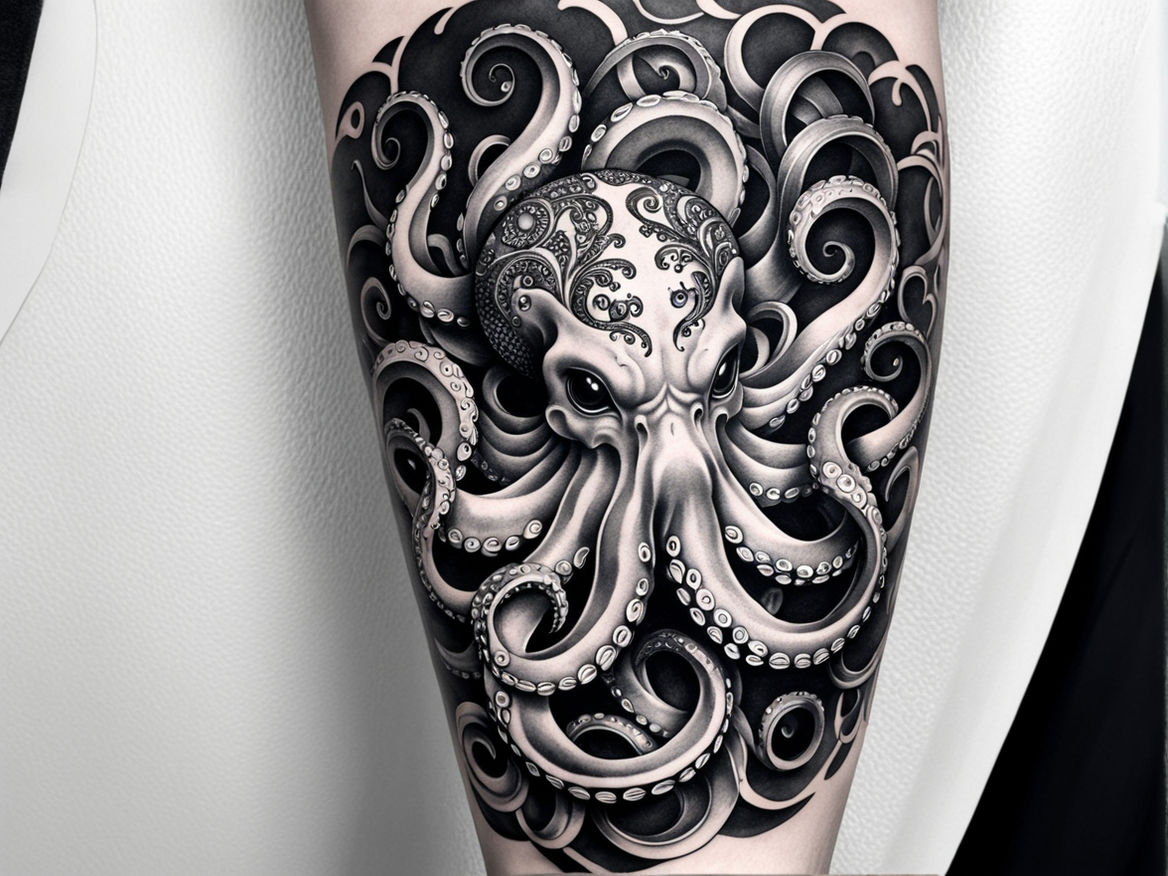 blue and pink long octopus leg tattoo