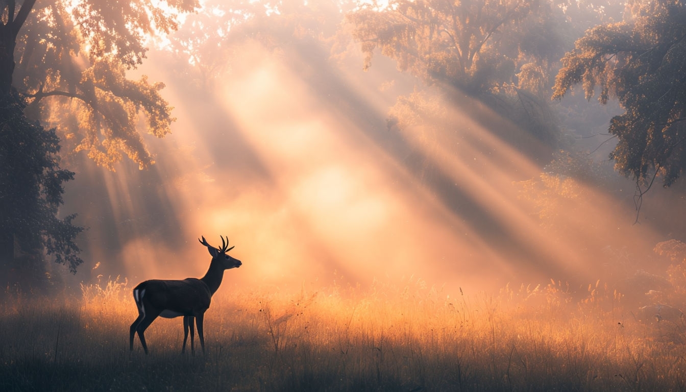 Serene Forest Morning with Deer and Sunlight Virtual Background