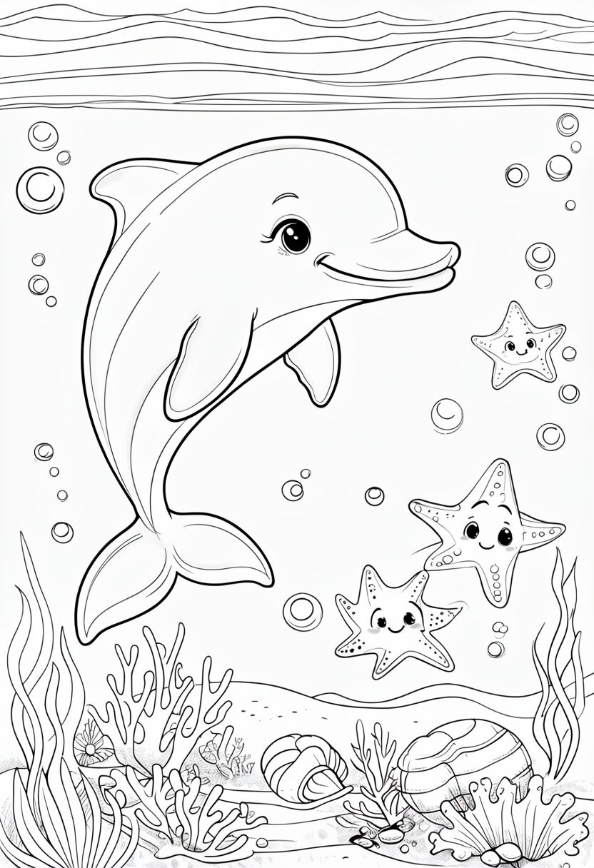 Whimsical Dolphin and Starfish Underwater Scene Coloring Page