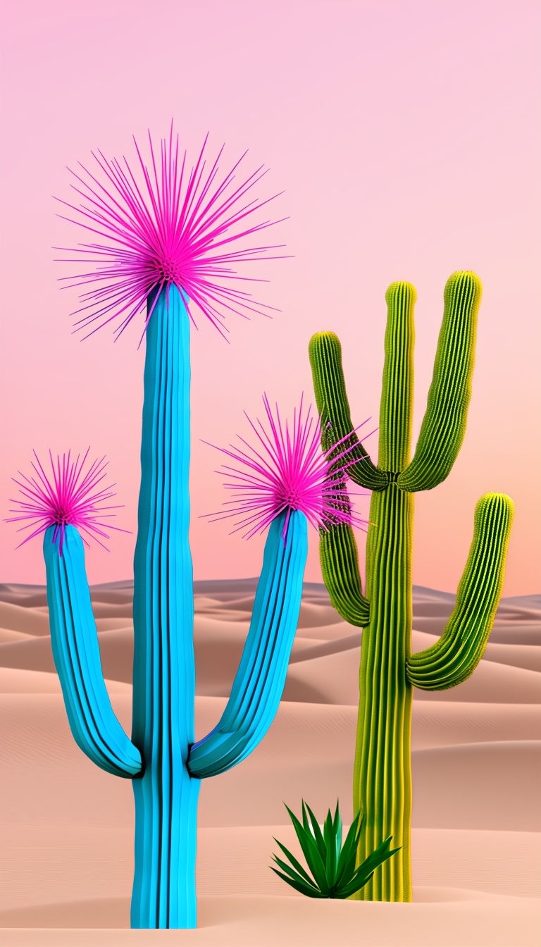 Stylized Vibrant Desert Flora Against Minimalist Dunes Wallpaper