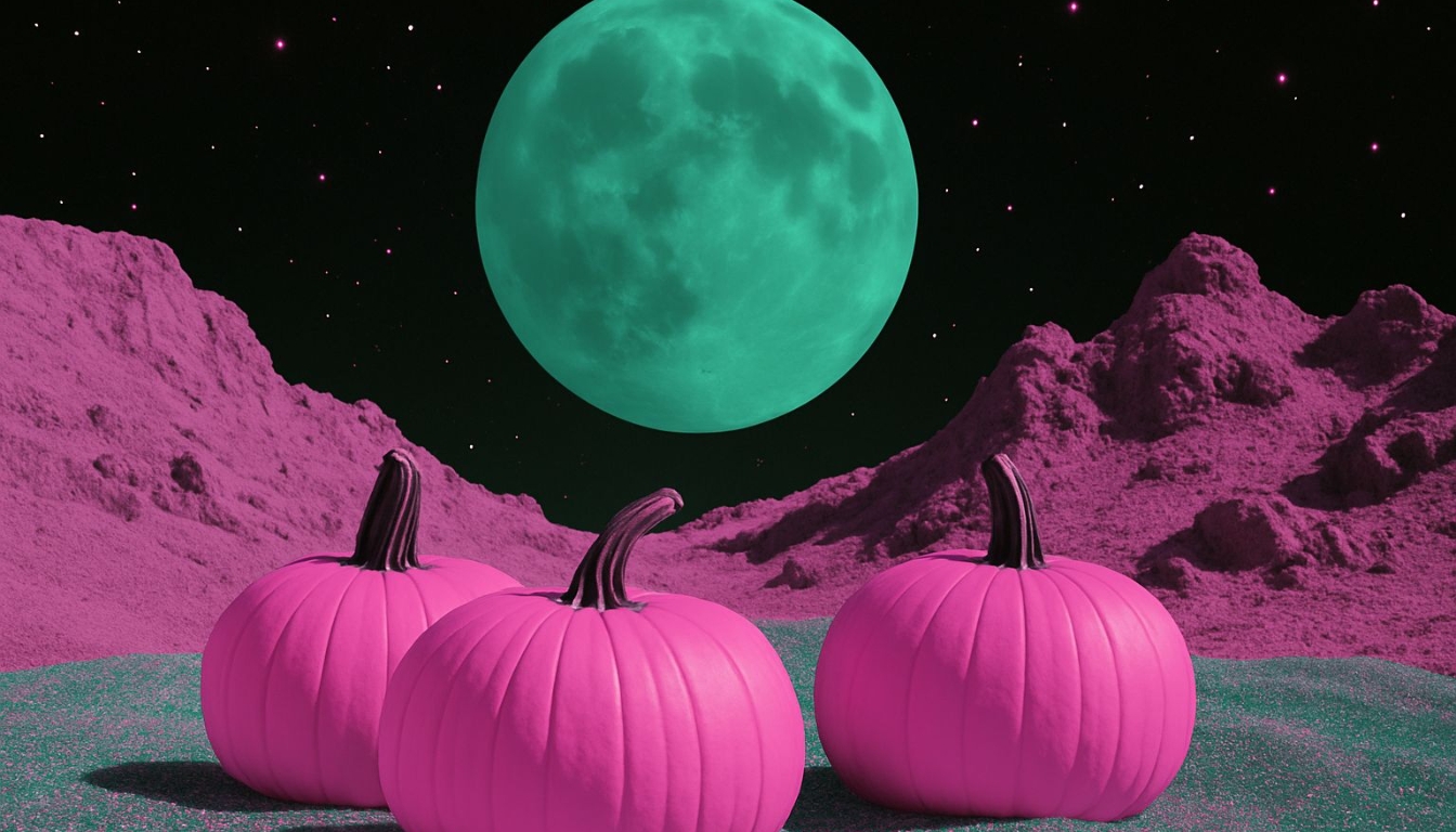 Surreal Magenta Pumpkins Against Teal Moon Virtual Background