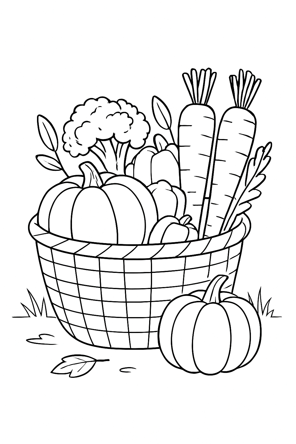Harvest Basket Filled with Fresh Produce Line Drawing Coloring Book Pages