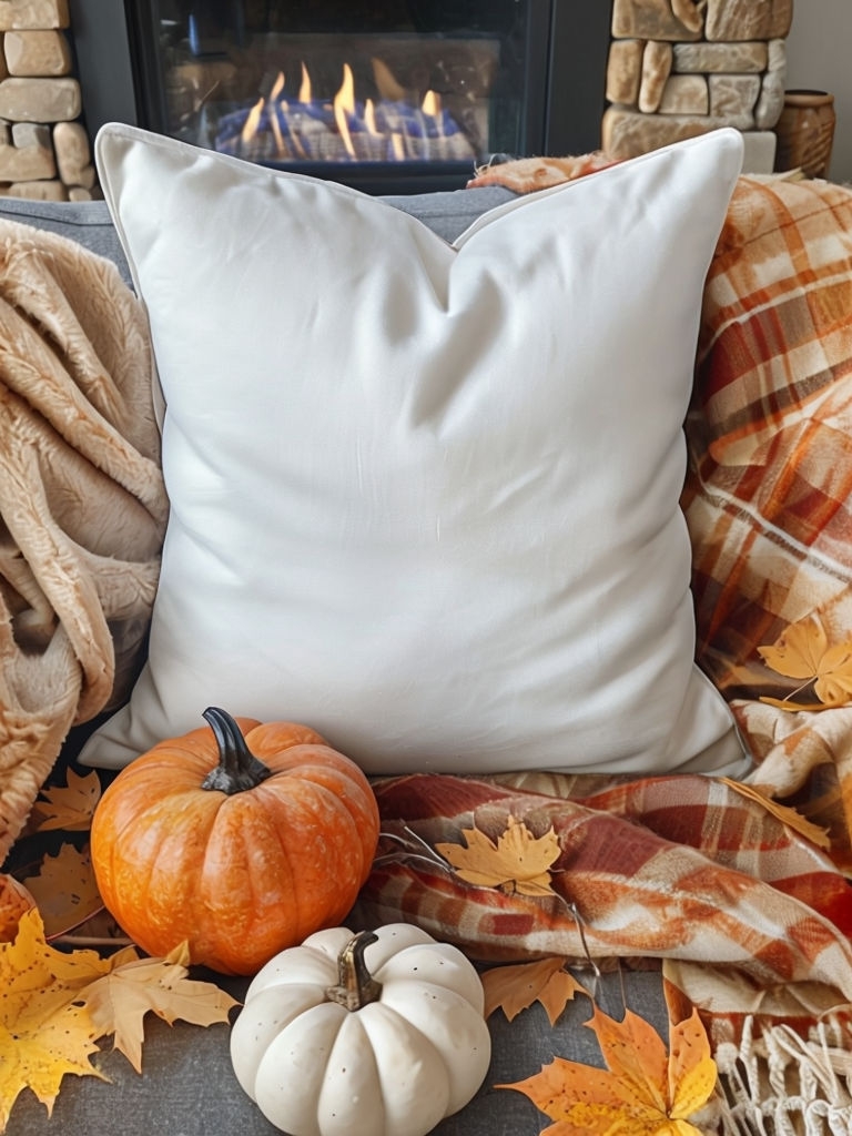 Cozy Autumn Living Room Scene with Decorative Cushions Mockup
