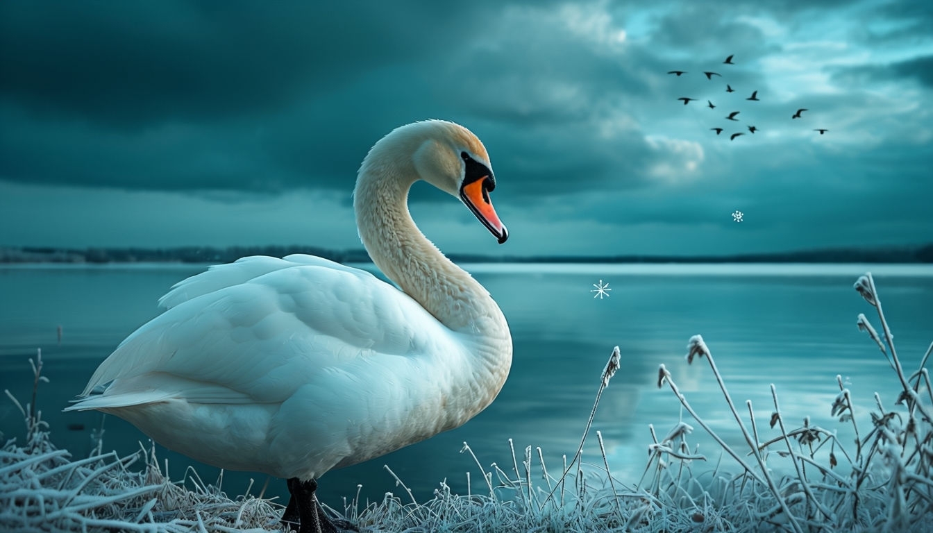 Serene White Swan by Frost-Covered Grasses Virtual Background